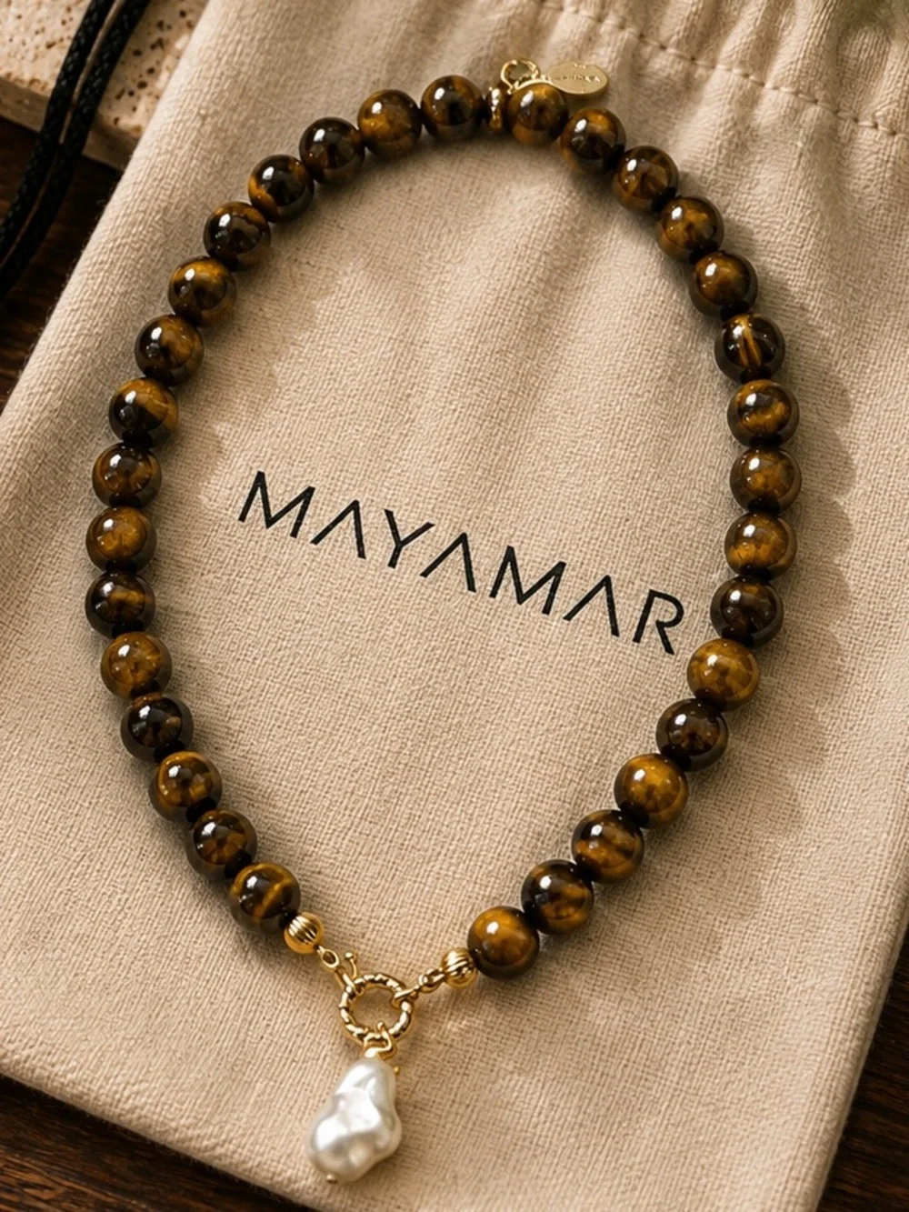 New mayamar genuine Tiger Eye Beaded Necklace with Pearl -